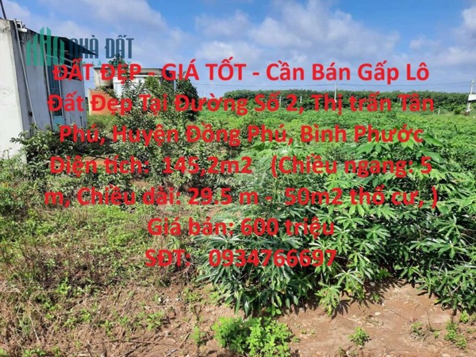 ĐẤT ĐẸP - GIÁ TỐT - Cần Bán Gấp Lô Đất Đẹp Tại Thị trấn Tân Phú, Huyện Đồng Phú, Bình Phước