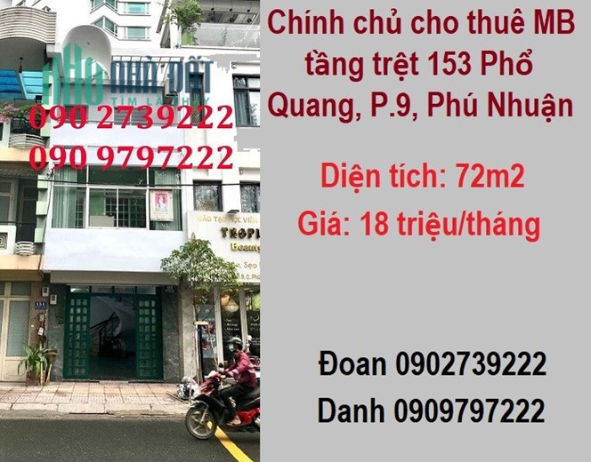 ⭐Chính chủ cho thuê MB tầng trệt 153 Phổ Quang, P.9, Phú Nhuận; 18tr/th; 0902739222