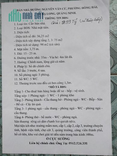 Chính chủ bán nhà 3,5 tầng ngay MT đường Nguyễn Văn Cừ, P.Hồng Hải, TP.Hạ Long, Quảng Ninh