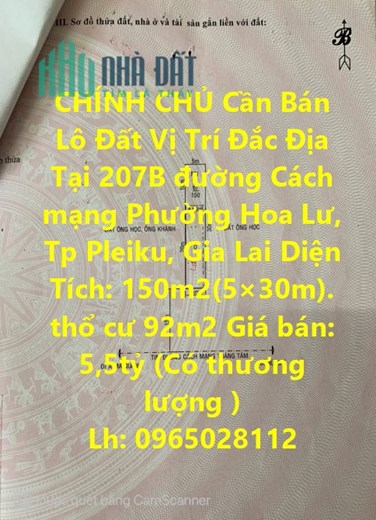 CHÍNH CHỦ Cần Bán Lô Đất Vị Trí Đắc Địa Tại Mặt Tiền Đường Cách Mạng, Phường Hoa Lư, Tp Pleiku