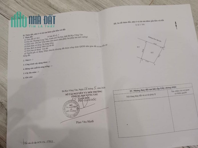 bán lô đất biệt thự 300m2 mặt tiền đường chu văn an p, long tâm tp bà rịa