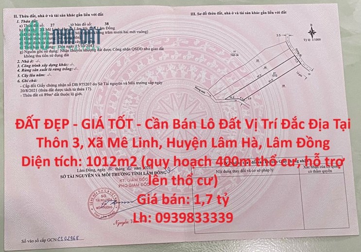 ĐẤT ĐẸP - GIÁ TỐT - Cần Bán Lô Đất Vị Trí Đắc Địa Tại Thôn 3, Xã Mê Linh, Huyện Lâm Hà, Lâm Đồng