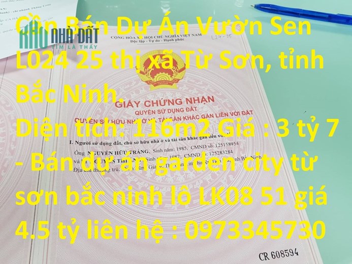 Cần Bán Dự Án Vườn Sen L024 25 thị xã Từ Sơn, tỉnh Bắc Ninh.
