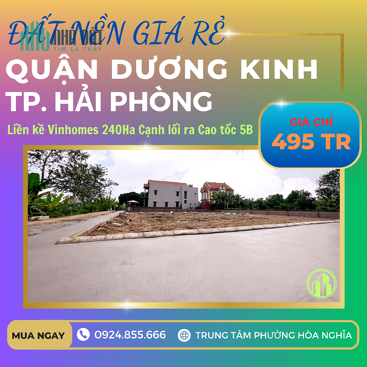 Bán đất sổ đỏ cực rẻ ngay lối ra Cao tốc Hòa Nghĩa, Dương Kinh cạnh Vinhomes giá 495tr