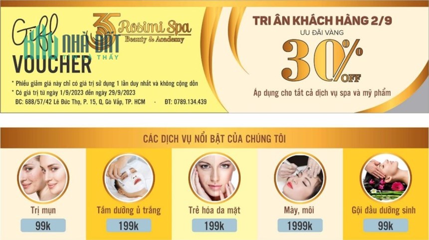 TRI ÂN KHÁCH HÀNG 2/9 - ƯU ĐÃI VÀNG TỚI 30% áp dụng cho tất cả dịch vụ SPA và MỸ PHẨM