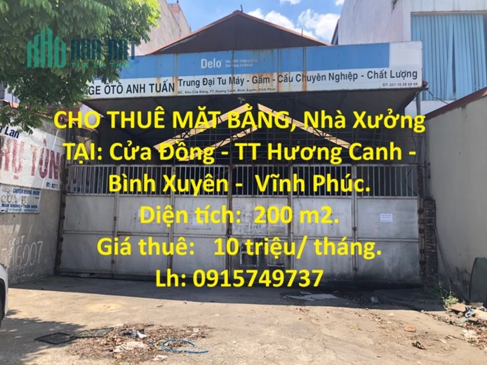 CHO THUÊ MẶT BẰNG, Nhà Xưởng TẠI: Cửa Đồng - TT Hương Canh -  Bình Xuyên -  Vĩnh Phúc.