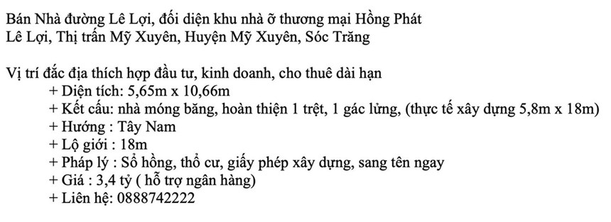 Bán Nhà đường Lê Lợi, đối diện khu nhà ỡ thương mại Hồng Phát