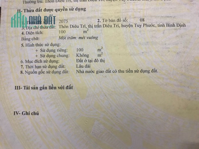 Bán Đất Chính Chủ Sổ Hồng Riêng Mt Trung Tâm Thị Trấn Diêu Trì-Tuy Phước