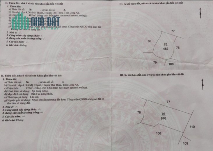 Bán 1.000m2 thổ cư tại ấp 4, xã Mỹ Thạnh, Thủ Thừa, Long An. SHR 2,6 tỷ. Lh:0988982408