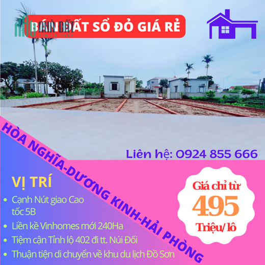 Cần bán loạt lô đất giá rẻ cạnh Vinhomes Dương Kinh, Hải Phòng giá 495 triệu/ lô