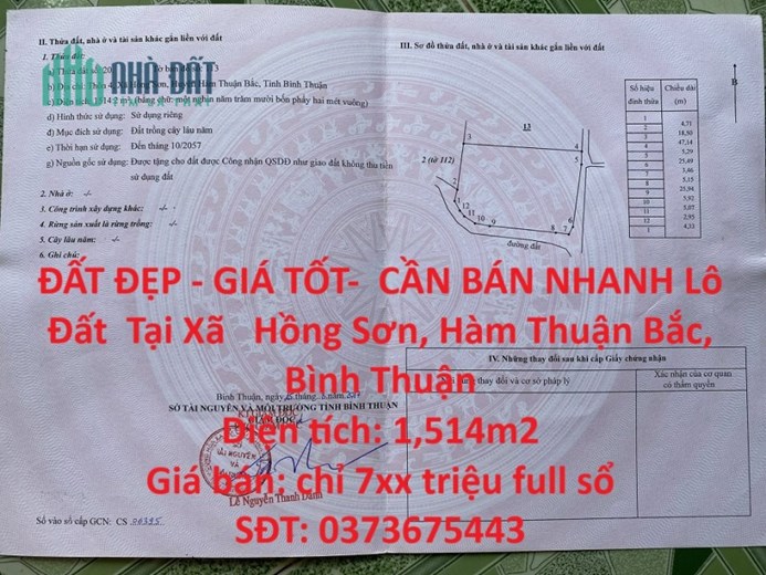 ĐẤT ĐẸP - GIÁ TỐT-  CẦN BÁN NHANH Lô Đất  Tại Xã   Hồng Sơn, Hàm Thuận Bắc, Bình Thuận
