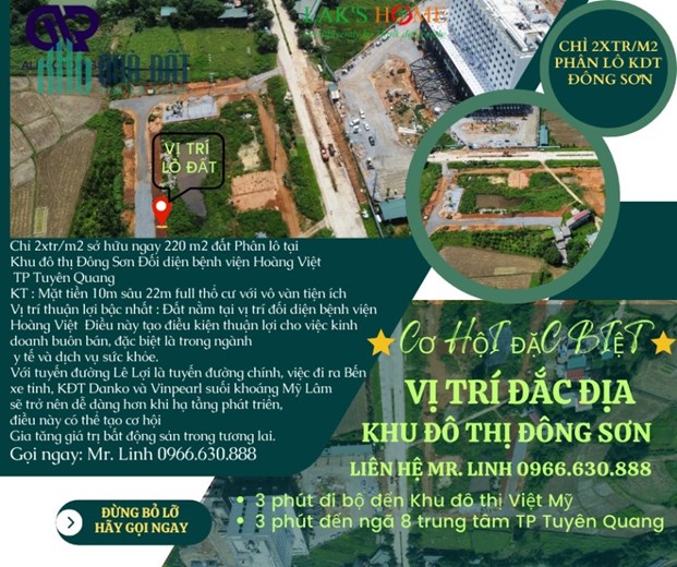 Chỉ 2xtr/m2 sở hữu ngay 220 m2 đất Phân lô tại 
Khu đô thị Đông Sơn Đối diện bệnh viện Hoàng Việt