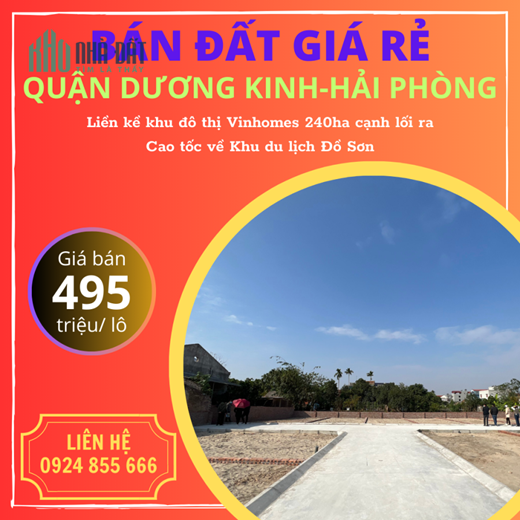Bán đất Sổ đỏ Hòa Nghĩa cạnh Vinhomes Dương Kinh giá 495tr/ lô.