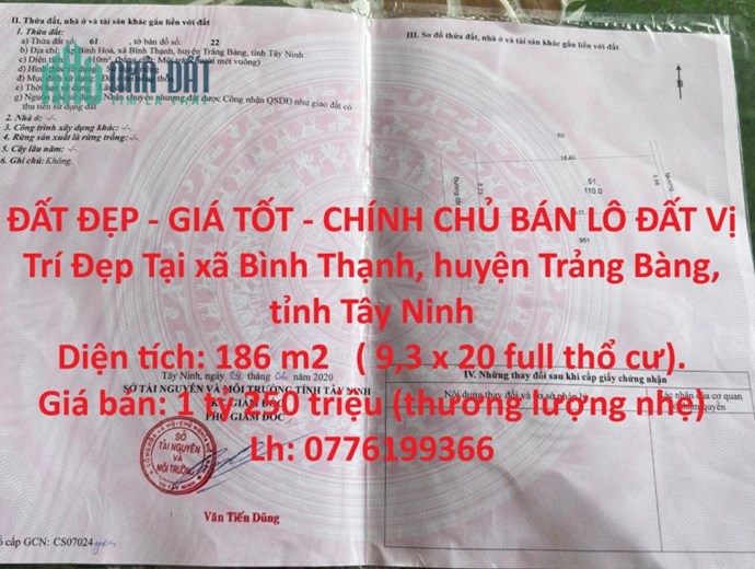 ĐẤT ĐẸP - GIÁ TỐT - CHÍNH CHỦ BÁN LÔ ĐẤT Vị Trí Đẹp Tại Khu TT Huyện Trảng Bàng