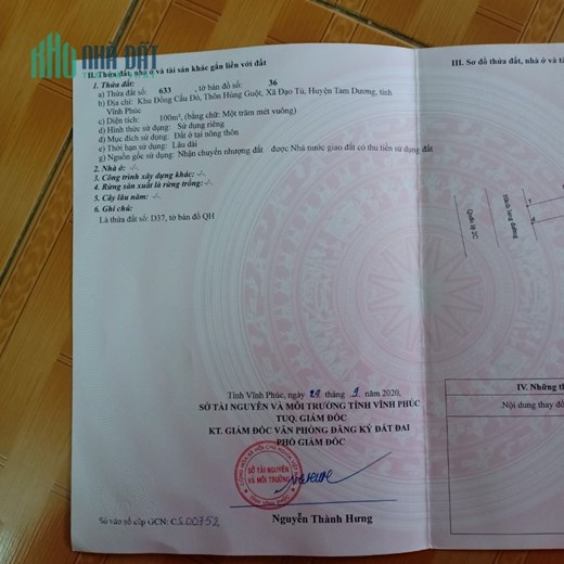 Bán lô D37 Cầu Đỏ, Đạo Tú, Tam Dương. DT 100m2