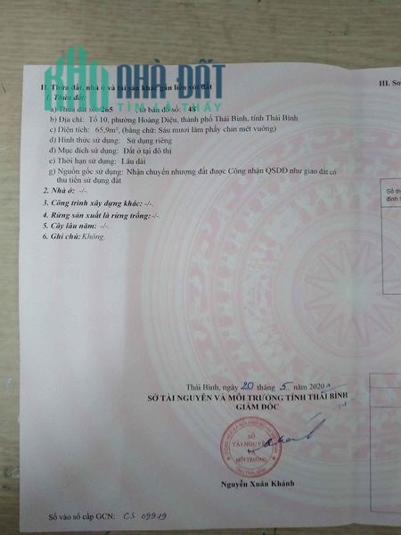 Chính chủ cần bán đất ở tổ 10 Phường Hoàng Diệu,thành phố Thái Bình Tỉnh Thái Bình