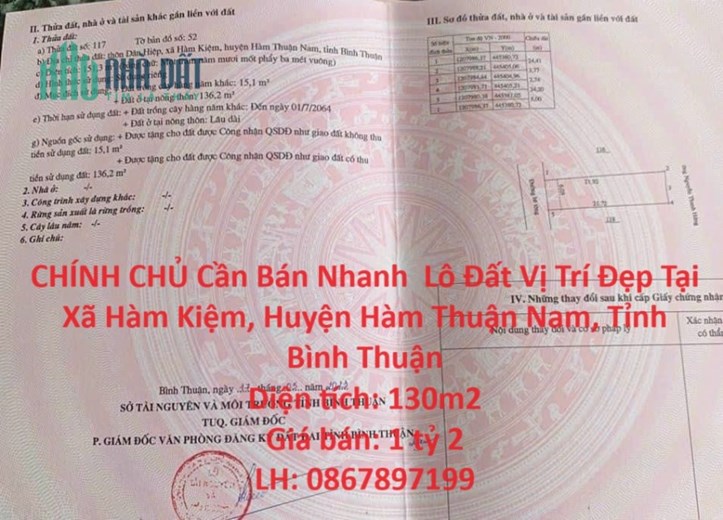 CHÍNH CHỦ Cần Bán Nhanh  Lô Đất Vị Trí Đẹp Tại  Xã Hàm Kiệm, Huyện Hàm Thuận Nam, Tỉnh Bình Thuận