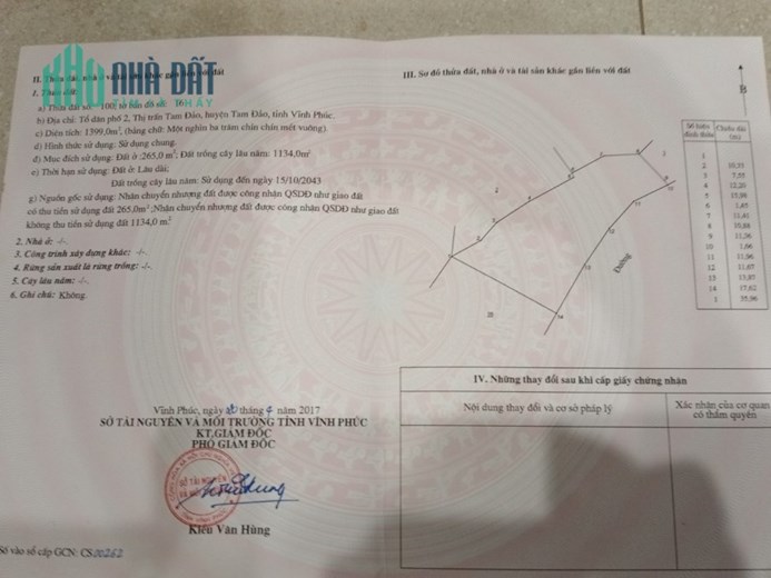 Chính chủ cần bán mảnh đất DT 1.399 m2 (265 m2 thổ cư), tại tổ dân phố 2, TT Tam Đảo, Vĩnh Phúc