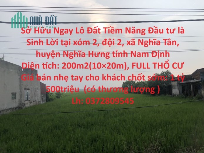Sở Hữu Ngay Lô Đất Tiềm Năng Đầu tư là Sinh Lời tại huyện Nghĩa Hưng tỉnh Nam Định