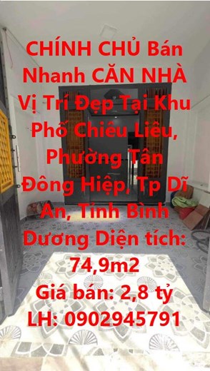 CHÍNH CHỦ Bán Nhanh CĂN NHÀ Vị Trí Đẹp - Giá Đầu Tư Tại Phường Tân Đông Hiệp, TP Dĩ An
