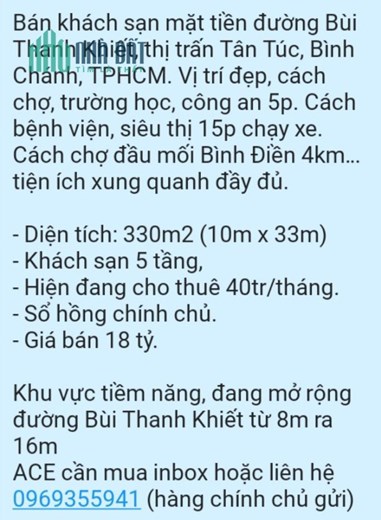 Bán khách sạn 5 tầng MT Bùi Thanh Khiết, thị trấn Tân Túc, 330m2 SHCC 18 tỷ. Lh:0969355941