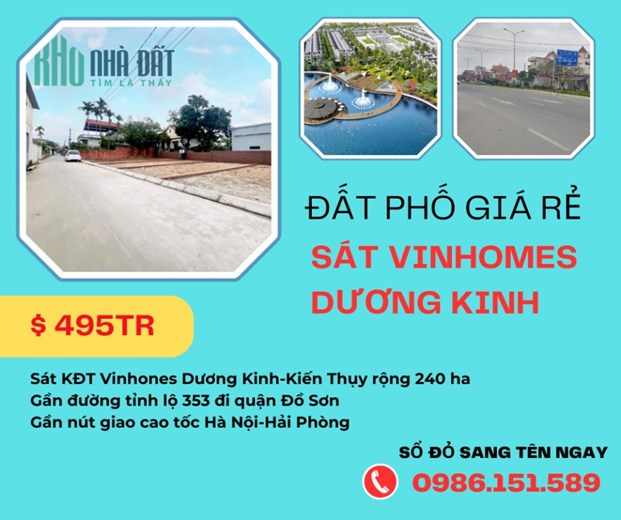 Bán đất phố giá rẻ quận Dương Kinh, sát QH Vinhomes Dương Kinh-Kiến Thụy rộng 240 ha