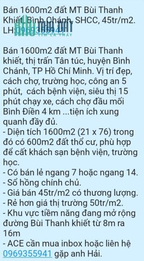 Bán 1600m2 đất MT Bùi Thanh Khiết, Bình Chánh, SHCC, 45tr/m2. LH:0969355941