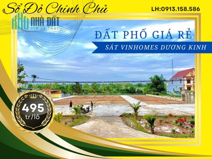 Cần vốn làm ăn em bán nhanh mảnh đất gần khu đô thị Vinhomes Dương Kinh. giá 495tr/lô