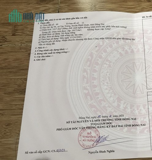 CHÍNH CHỦ BÁN 1017M2 ĐẤT SỔ HỒNG RIÊNG GIÁ RẺ MT NGAY KCN ĐỊNH QUÁN