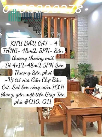 Mặt tiền Hẻm 8m - KHU BÀU CÁT - 4 TẦNG- 48m2, 5PN- Dt 4x12=48m2 5PN Sân Thượng Sân phơi