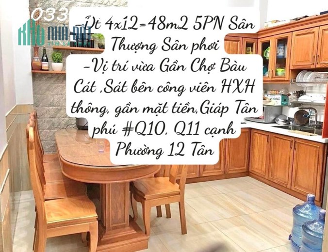 Mặt tiền Hẻm 8m - KHU BÀU CÁT - 4 TẦNG- 48m2, 5PN- Dt 4x12=48m2 5PN Sân Thượng Sân phơi