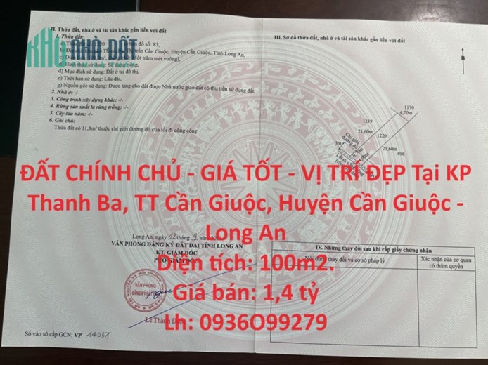 ĐẤT CHÍNH CHỦ - GIÁ TỐT - VỊ TRÍ ĐẸP Tại KP Thanh Ba, TT Cần Giuộc, Huyện Cần Giuộc - Long An