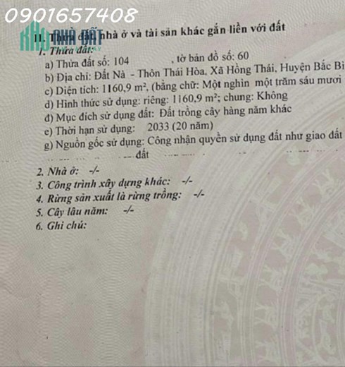 ĐẤT ĐẸP - GIÁ TỐT- CHÍNH CHỦ Cần Bán Lô Đất Vị Trí Đắc Địa Tại Xã Hồng Thái Huyện Bắc Bình