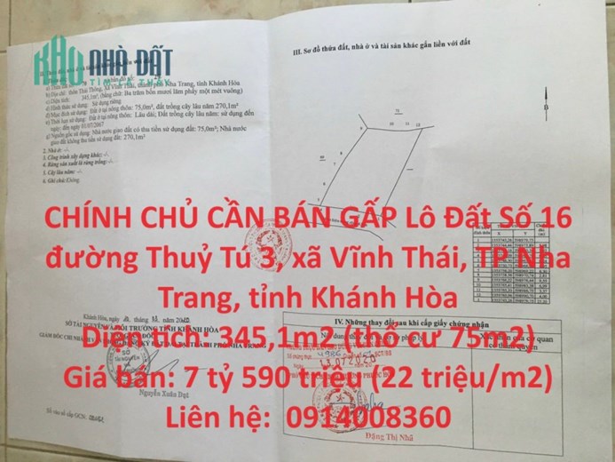 CHÍNH CHỦ CẦN BÁN GẤP Lô Đất View Sông Tắc -NHA TRANG