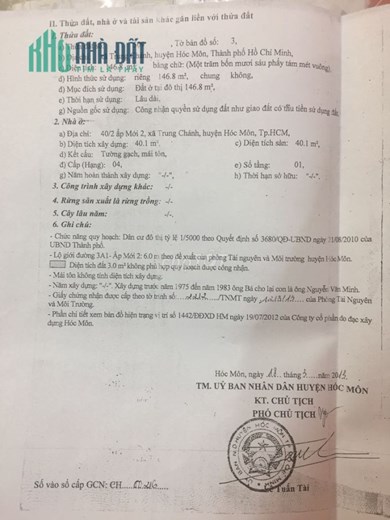 CHÍNH CHỦ BÁN NHÀ ĐẤT  XÃ TRUNG CHÁNH - HUYỆN HÓC MÔN - TP HỒ CHÍ MINH