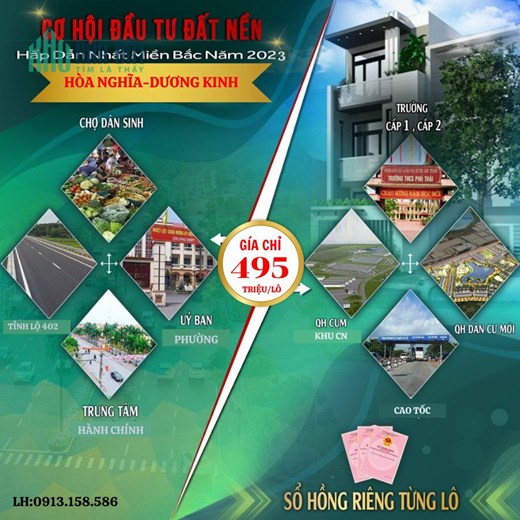 Bán lô giá siêu rẻ chỉ 495tr/lô gần khu đô thị Vinhomes Dương Kinh Đường ô tô tránh nhau
