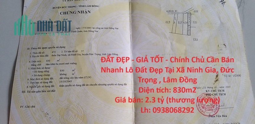 ĐẤT ĐẸP - GIÁ TỐT - Chính Chủ Cần Bán Nhanh Lô Đất Đẹp Tại Xã Ninh Gia, Đức Trọng , Lâm Đồng