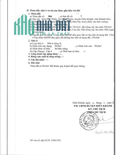 Bán nhà mặt tiền đường Tỉnh lộ 2, Diên Phước, gần ngã tư bót bà lá.