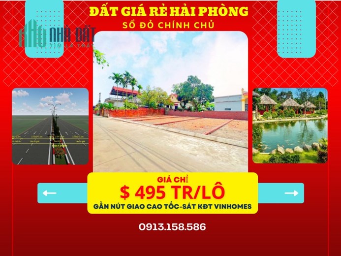 Bán lô đất sổ đỏ trong khu dân cư quận Dương Kinh,gần khu đô thị Vinhomes.Gía chưa đến 500tr