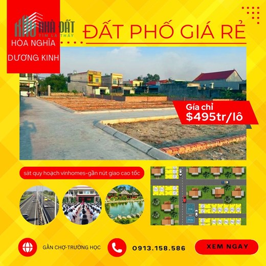 Chính chủ bán lô đất sổ đỏ giá chỉ 495tr/lô nằm ngay mặt trục phố sát khu đô thị Vinhomes Dương