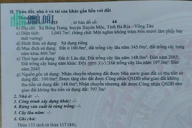 Chính Chủ Bán 1.050m2 Đất Sổ Hồng Riêng Trung Bông Trang-Xuyên Mộc