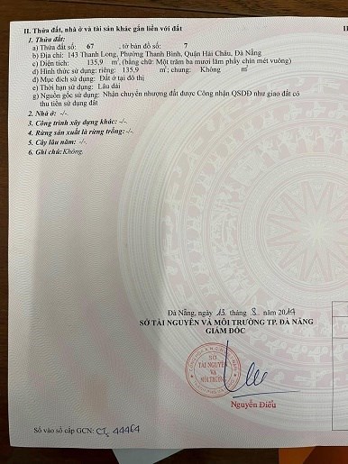 Bán Đất Vị trí :143 Thanh Long , Quận Hải Châu -ĐN Tình trạng :Đất k kèm nhà Diện Tích :135,9 m2