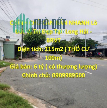 CHÍNH CHỦ CẦN BÁN NHANH Lô Đất Vị Trí Đẹp Tại  Long Hải - BRVT