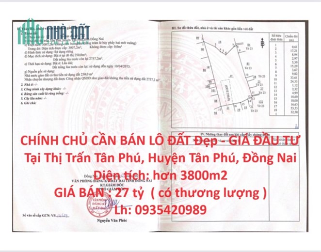 CHÍNH CHỦ CẦN BÁN LÔ ĐẤT Đẹp - GIÁ ĐẦU TƯ Tại Thị Trấn Tân Phú- Đồng Nai