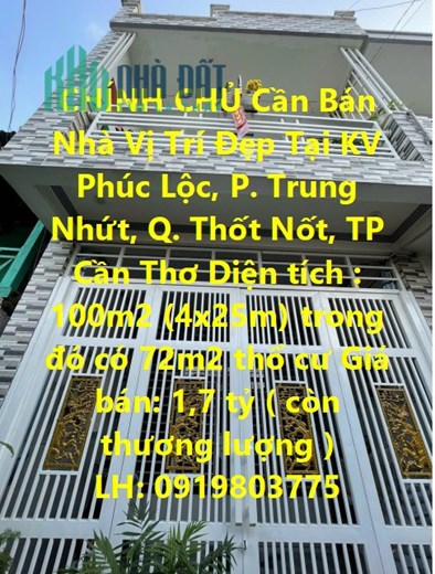 CHÍNH CHỦ Cần Bán Nhà Vị Trí Đẹp Tại P. Trung Nhứt, Q. Thốt Nốt, Cần Thơ