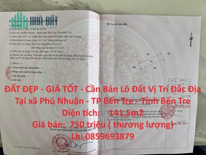 ĐẤT ĐẸP - GIÁ TỐT - Cần Bán Lô Đất Vị Trí Đắc Địa Tại xã Phú Nhuận - TP Bến Tre - Tỉnh Bến Tre