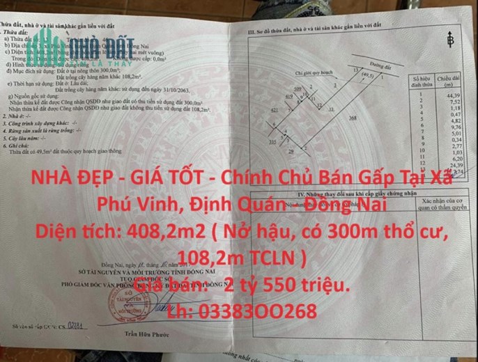 NHÀ ĐẸP - GIÁ TỐT - Chính Chủ Bán Gấp Tại Xã Phú Vinh, Định Quán - Đồng Nai
