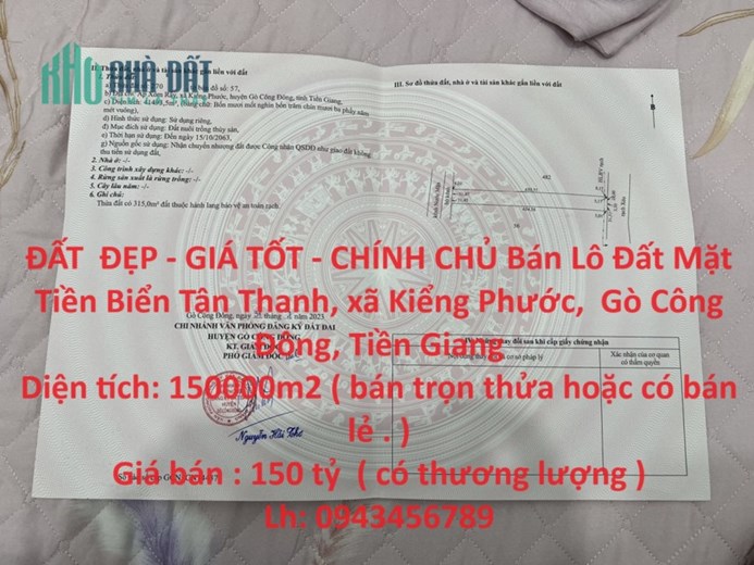 ĐẤT  ĐẸP - GIÁ TỐT - CHÍNH CHỦ Bán Lô Đất Mặt Tiền Biển Tân Thành, Kiểng Phước
