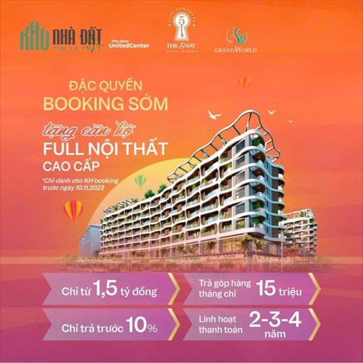BOOKING TIÊN PHONG - RINH CĂN HỘ BIỂN VINHOMES FULL NỘI THẤT - THE 5 WAY PHÚ QUỐC CHỈ 1,5 TỶ