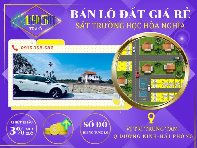 Chỉ 495tr/lô đất đô thị trung tâm Quận Dương Kinh gần chợ,trường học, vinhomes Hòa Nghĩa đã bao gồm